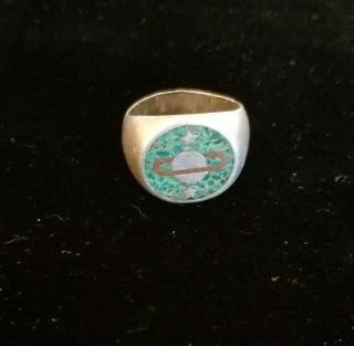 Vintage Designer Planets Saturn Green Inlay Sterling Silver Ring Men Eagle Stamp