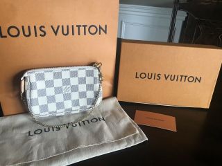Louis Vuitton Mini Pochette Damier Azur Wristlet Handbag Rare