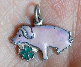 Rare Vintage Art Deco German 835 Silver Charm Enamel Lucky Pig With Clover