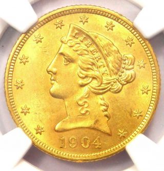 1904 Liberty Gold Half Eagle $5 Coin - Certified Ngc Ms61 (unc Bu) - Rare Coin