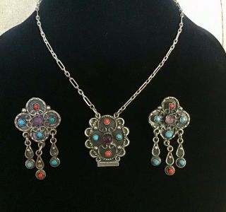 Vtg.  Taxco “matl Style” Sterling Silver W/gems Necklace & Earrings Set
