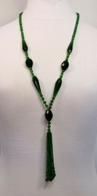 Vintage 1920s Flapper Sautoir Tassel Green Faceted Glass Bead Necklace