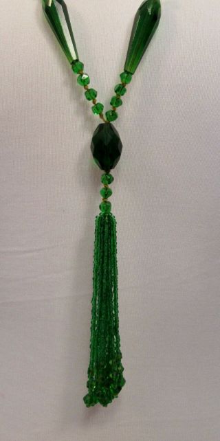 Vintage 1920s Flapper Sautoir Tassel Green Faceted Glass Bead Necklace 4