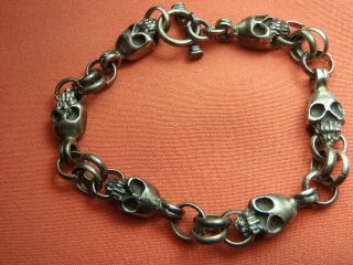 Vintage Sterling Silver Full Figural Skull Biker Bracelet 29.  5 Grams 7 1/2 " Long