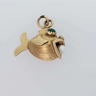 Vintage 14k 3d Puffy Puffer Fish Charm With Chrysoprase Eyes And Pearl Qt - Pfc5