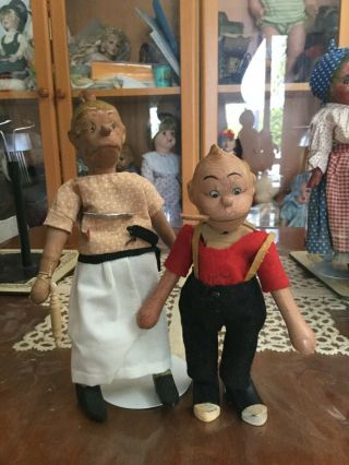 Antique/vintage Maggie And Jiggs Wooden Dolls Set Ca 1920s Comic Strip Character