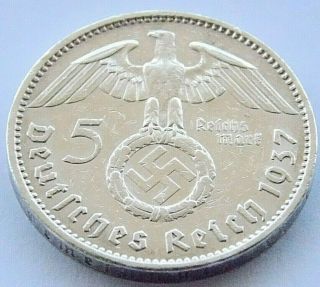 German Coin 5 Mark Reichsmark 1937 A Swastika Hindenburg Silver 3rd Reich Ww2