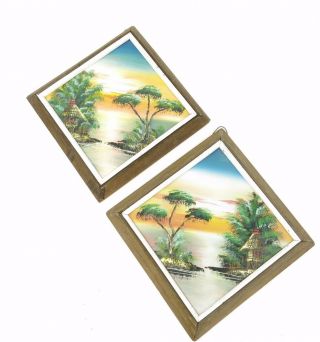 Mid Century Vtg Pair Diamond Framed Tropical Tiki Beach Textured Paintings