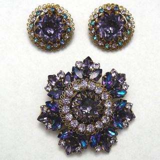 Color Change Rhinestones Brooch Earrings Set Vintage Austria