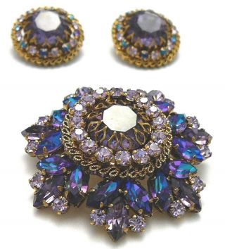 Color Change Rhinestones Brooch Earrings Set Vintage Austria 3