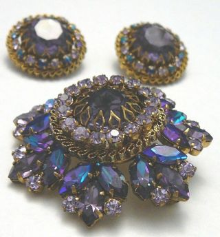 Color Change Rhinestones Brooch Earrings Set Vintage Austria 4
