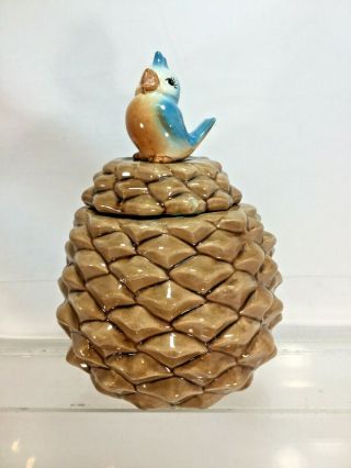 Metlox Blue Bird On Pine Cone Vintage Cookie Jar Bottom Marked Made In Usa (cl)