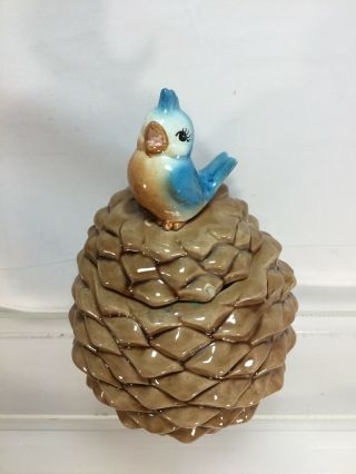Metlox BLUE BIRD ON PINE CONE Vintage COOKIE JAR bottom Marked MADE IN USA (cl) 2