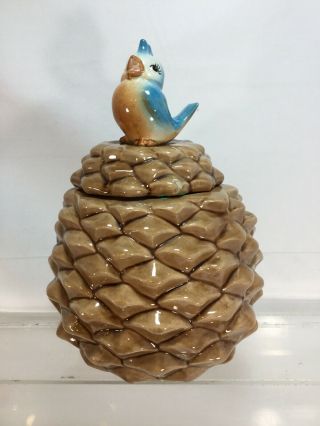 Metlox BLUE BIRD ON PINE CONE Vintage COOKIE JAR bottom Marked MADE IN USA (cl) 3
