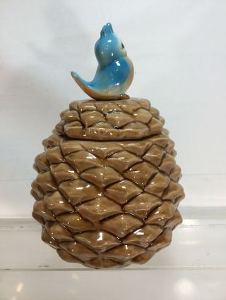 Metlox BLUE BIRD ON PINE CONE Vintage COOKIE JAR bottom Marked MADE IN USA (cl) 5