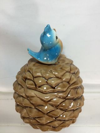 Metlox BLUE BIRD ON PINE CONE Vintage COOKIE JAR bottom Marked MADE IN USA (cl) 6