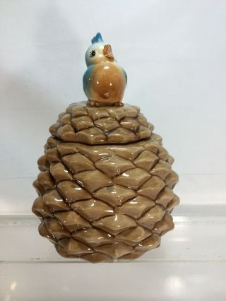 Metlox BLUE BIRD ON PINE CONE Vintage COOKIE JAR bottom Marked MADE IN USA (cl) 8