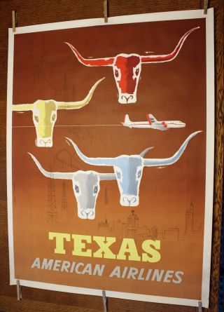 Vintage American Airlines Travel Poster Of Texas By Glanzman - Parker
