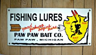 Vintage Porcelain Pawpaw Bait Co.  Fishing Lures Colorful Advertising 20 " X 9 "