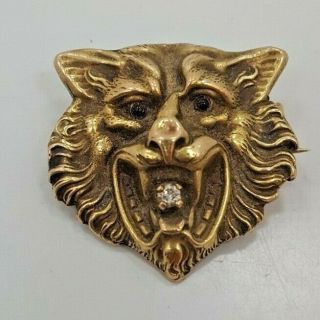 Antique Victorian Era 10k Diamond Tiger Brooch/pin