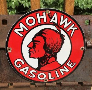 Vintage Mohawk Gasoline Porcelain Gas Oil Indian Service Station Pump Plate Sign