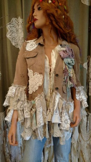 Upcycled S Jacket Distressed Embellished Vintage Lace Fabric Flowers Boho Tmyers