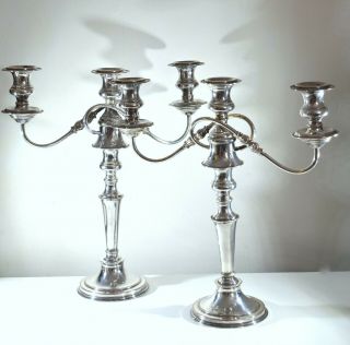 Pair Antique Silver Plate On Copper 3 - Branch Changeable Candelabra Candlesticks