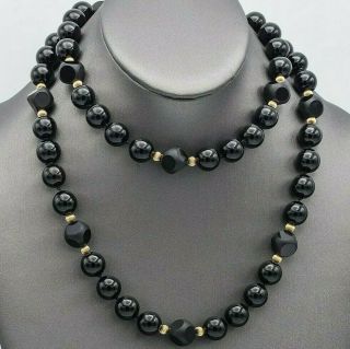 Vintage 14k Yellow Gold Black Onyx Long Beaded Strand Necklace 154.  7 Grams