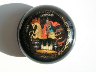 Vintage Russian Fable Lacquered Box - Hand Painted - Signed - Mid 20th Century