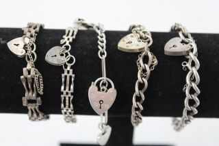 5 X Vintage.  925 Sterling Silver Heart Padlock Bracelets W/ Gate Bracelets (59g)
