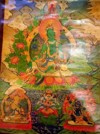 Rare Handpainted Tibetan Green Tara Thangka Oil Painting Chinese Buddhist