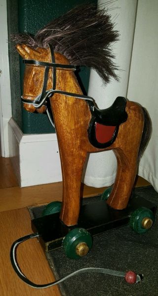 Vintage Home Decor Wooden & Leather Pull - Toy Horse On Wheels.  Midwest Importers