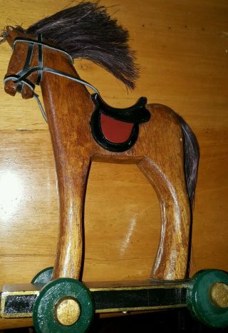Vintage Home Decor Wooden & Leather Pull - Toy Horse on Wheels.  Midwest Importers 3