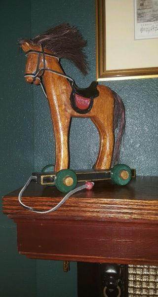 Vintage Home Decor Wooden & Leather Pull - Toy Horse on Wheels.  Midwest Importers 5