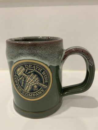 Death Wish Coffee Deneen Pottery Grind It Out Mug Ultra Rare Golden Ticket Green 3