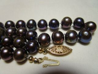 Estate Vintage 14k Gold Black Tahitian 8 Mm Pearls Hand Knotted Necklace