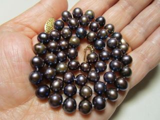 ESTATE VINTAGE 14k GOLD BLACK TAHITIAN 8 mm PEARLS HAND KNOTTED NECKLACE 4