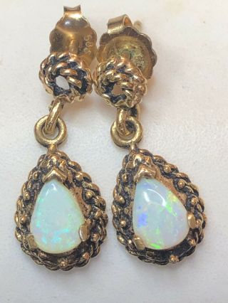 Estate Antique 14k Yellow Gold Opal Earrings Gemstone Drop Dangle