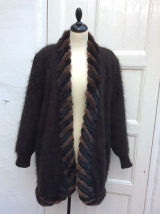 SHINE Unique One Off Vintage Brown Angora Mink Fur Jacket Cardicoat L/14 - 16 - 18 2