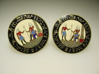 Large Vintage Victorian Gold Tone Enamel Egyptian Revival Cuff Button Cufflinks