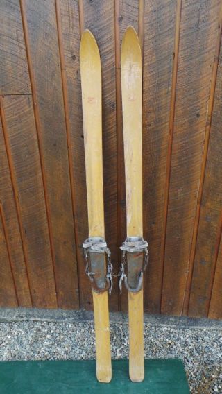 Vintage Wooden 65 " Skis Patina Finish Chalet,  Metal Leather Bindings