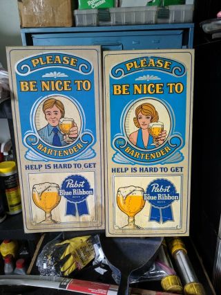 (2) Rare Vtg Pbr Beer Wood Bar Sign " Please Be To Bartender " Man & Woman
