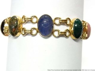 Carved Natural Gemstone Scarab Bracelet 14k Gold Filled Signed Carla Vintage 7in