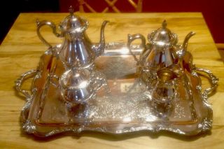 Silver Plate Tea Set By Wilcox International Rochelle Pattern With Handled Tray