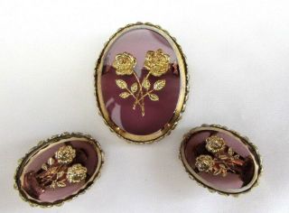 Vintage Whiting & Davis Brooch Pin Clip Earrings Set Amethyst Glass Floral Etch