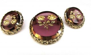 Vintage WHITING & DAVIS Brooch Pin Clip Earrings Set Amethyst Glass Floral Etch 2