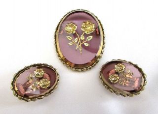 Vintage WHITING & DAVIS Brooch Pin Clip Earrings Set Amethyst Glass Floral Etch 3
