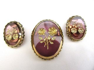 Vintage WHITING & DAVIS Brooch Pin Clip Earrings Set Amethyst Glass Floral Etch 4