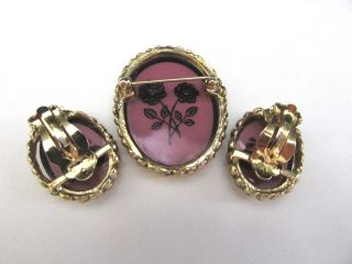 Vintage WHITING & DAVIS Brooch Pin Clip Earrings Set Amethyst Glass Floral Etch 5
