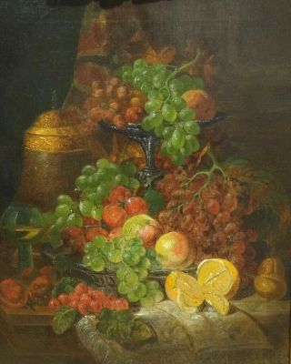 Large 19th Century English Still Life Fruit Antique Oil Painitng Edward Ladell